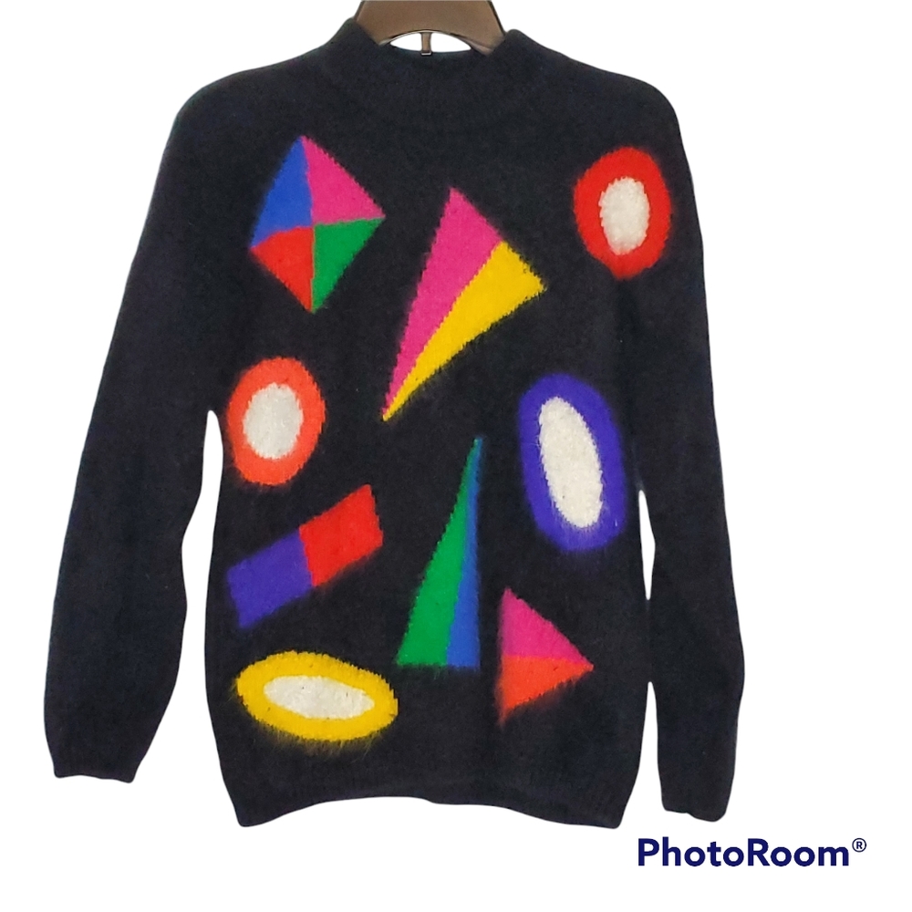 Vintage angora wool sweater black bright multicolor geometric Pop Art Medium